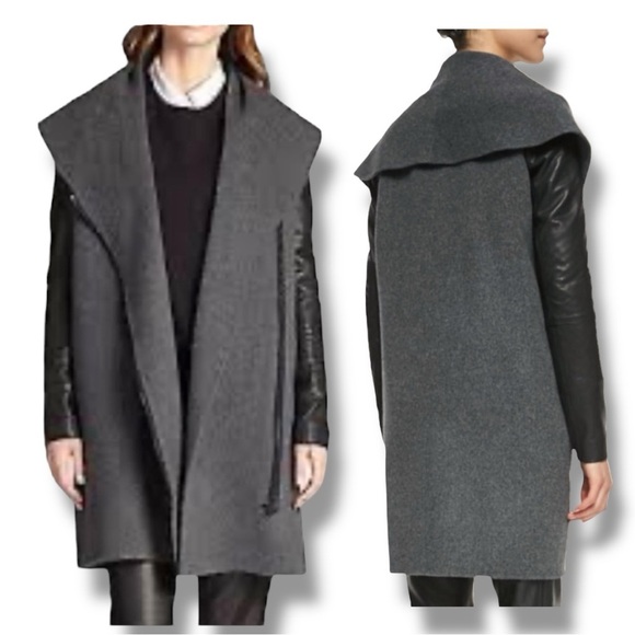 Vince Gray and Black Wool and Leather Asymmetrical Zip Coat Shawl Collar - Picture 1 of 16